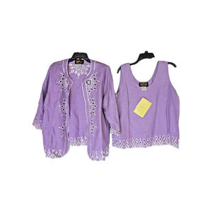 NWOT BOB MACKIE Wearable Art Women's Purple Linen Light Jacket/Blouse Set Sz L
